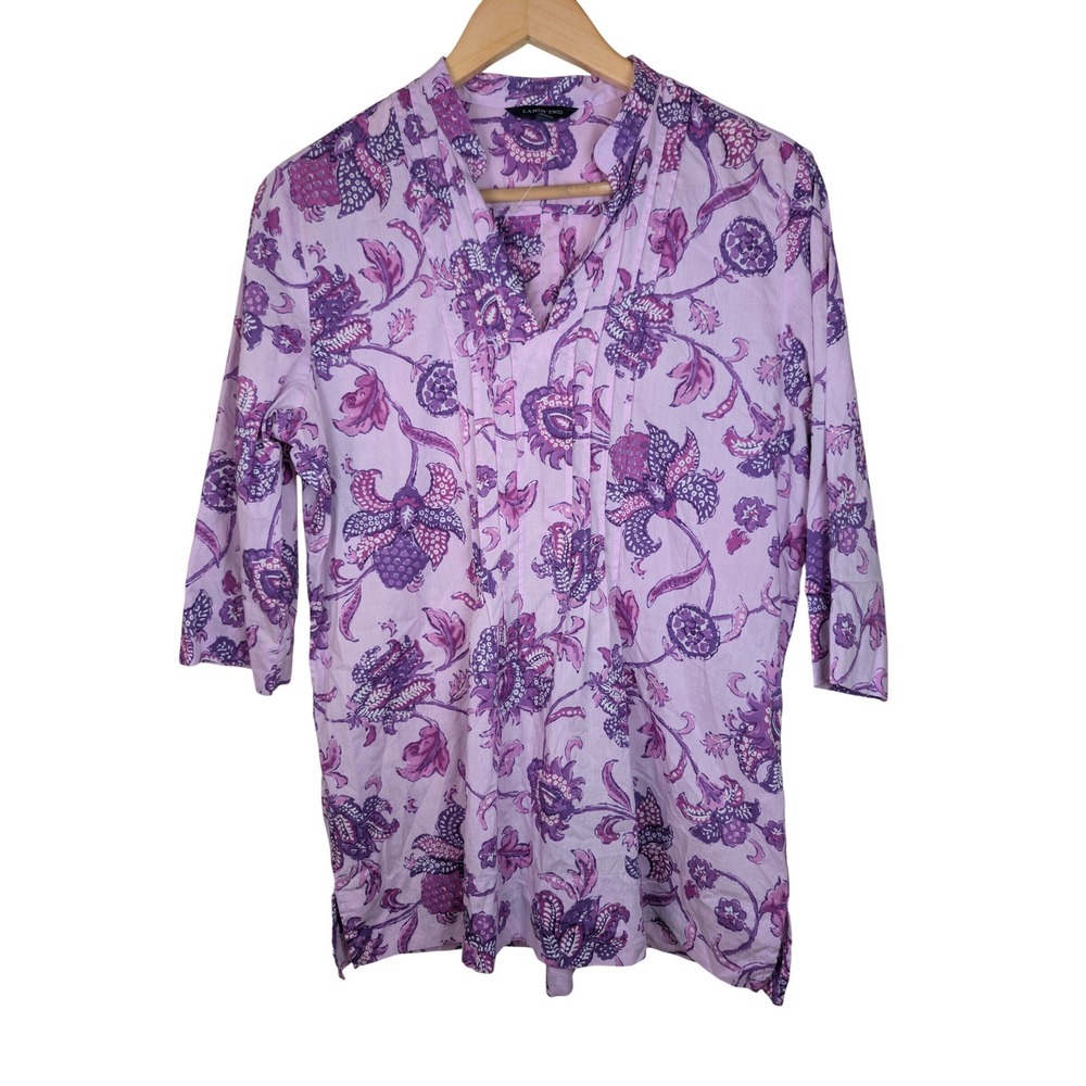 Lands End Purple Floral Paisley Pintuck Cotton Tunic Top‎ 3/4 Sleeve Womens S